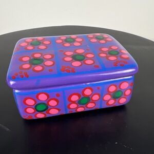 Mexican Talavera Pottery Hand Painted Purple Flowers Trinket Box Jewelry Box
